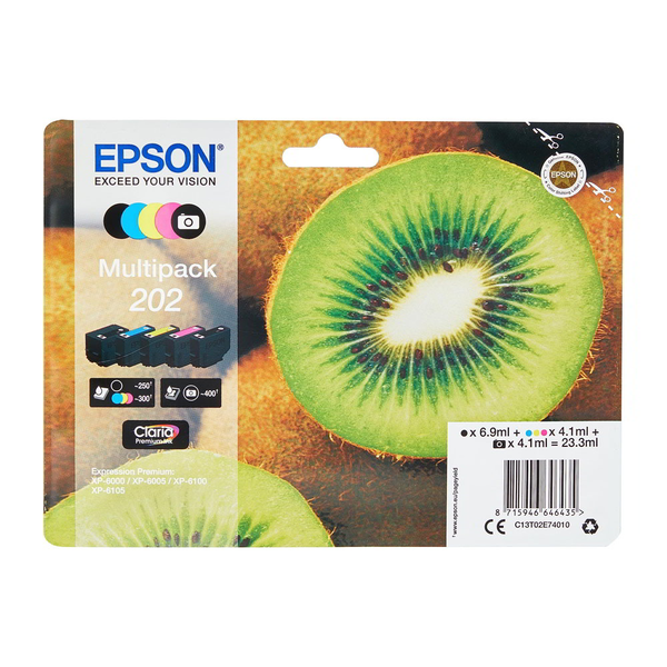 Epson Kiwi 202 глава и патрон за мастиленоструен принтер 1 броя Оригинал Стандартен добив Черен, Фото черно, Синьо-зелен, Пурпурен, Жълт