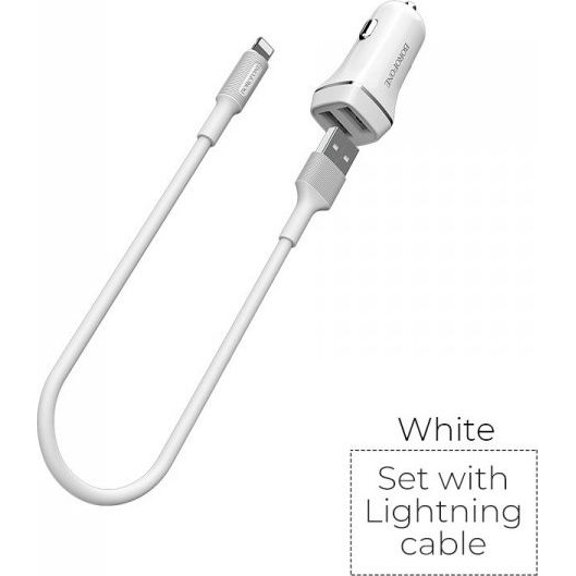 Autós töltő Borofone 2x USB + Lightning kábel Fehér