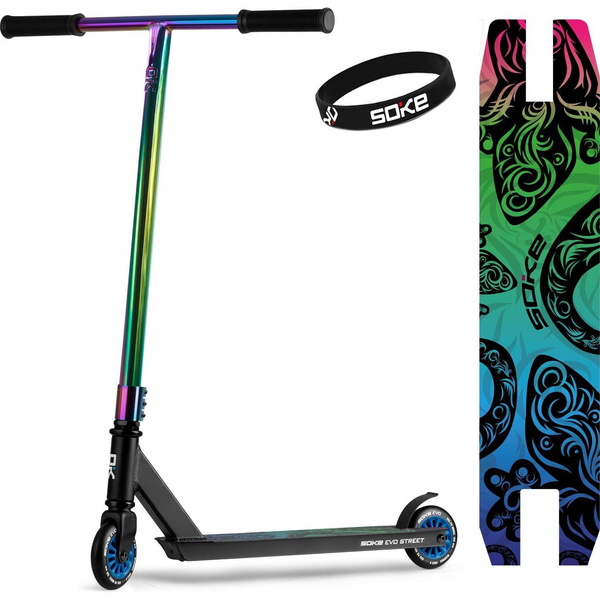 Kaszkadőr roller, SOKE EVO Street, fekete, 83 cm, 10 cm 88A PU kerekek, ABEC-9 csapágy, 360°-ban forgó T kormány, Flex Fender fék, maximum 100 kg