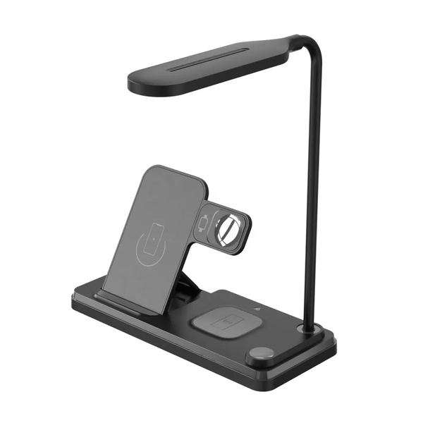 4в1 QI зарядна станция с LED настолна лампа 15W черна