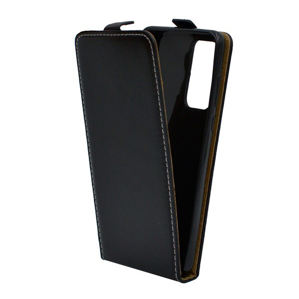 Tok álló, bőr hatású (FLIP, lefelé nyíló, szilikon tartó) FEKETE [Huawei P40] (5996457952229)