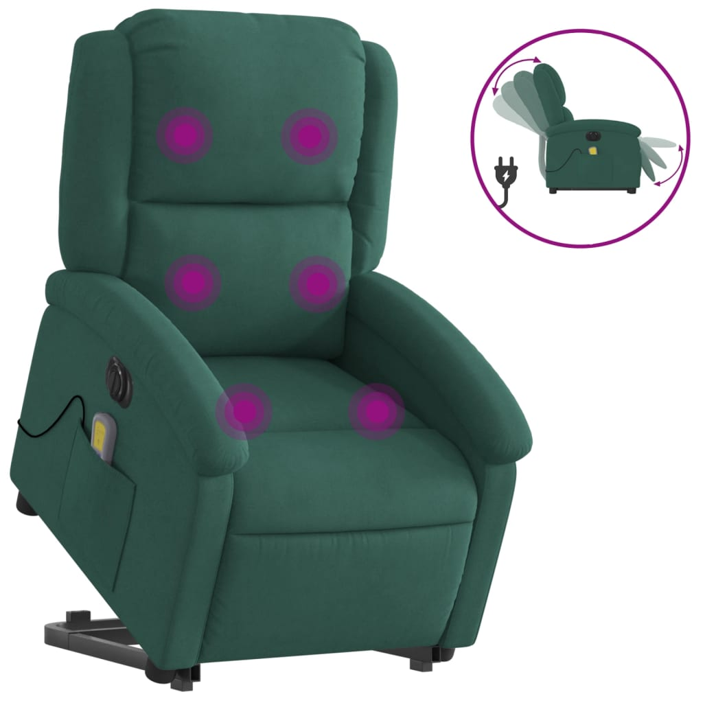 elektromos felállást segítő sötétzöld bársony masszázsfotel (3204335)