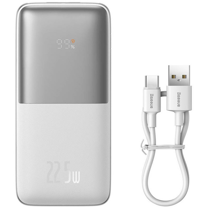 Külső akkumulátor, 10000 mAh, 22.5W, Okostelefonhoz és TabletPC-hez, 2 x USB aljzat, 1 x USB Type-C aljzat, USB - USB Type-C kábellel, LED kijelzővel, gyorstöltés, Baseus Bipow Pro, PPBD040002, fehér (RS125750)