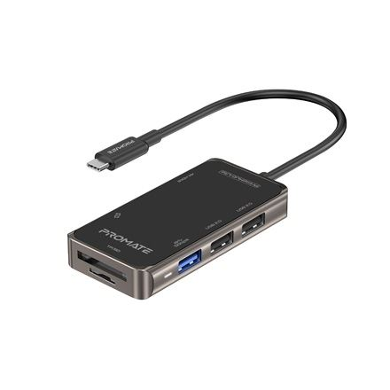 Hub ProMate, Primehub Lite, 7-in-1, Hub USB-C, Port 4K HDMI Full HD, Porturi USB 2.0 duale, Port USB 3.0 5 Gbps, Sloturi pentru card SD/TF, Negru