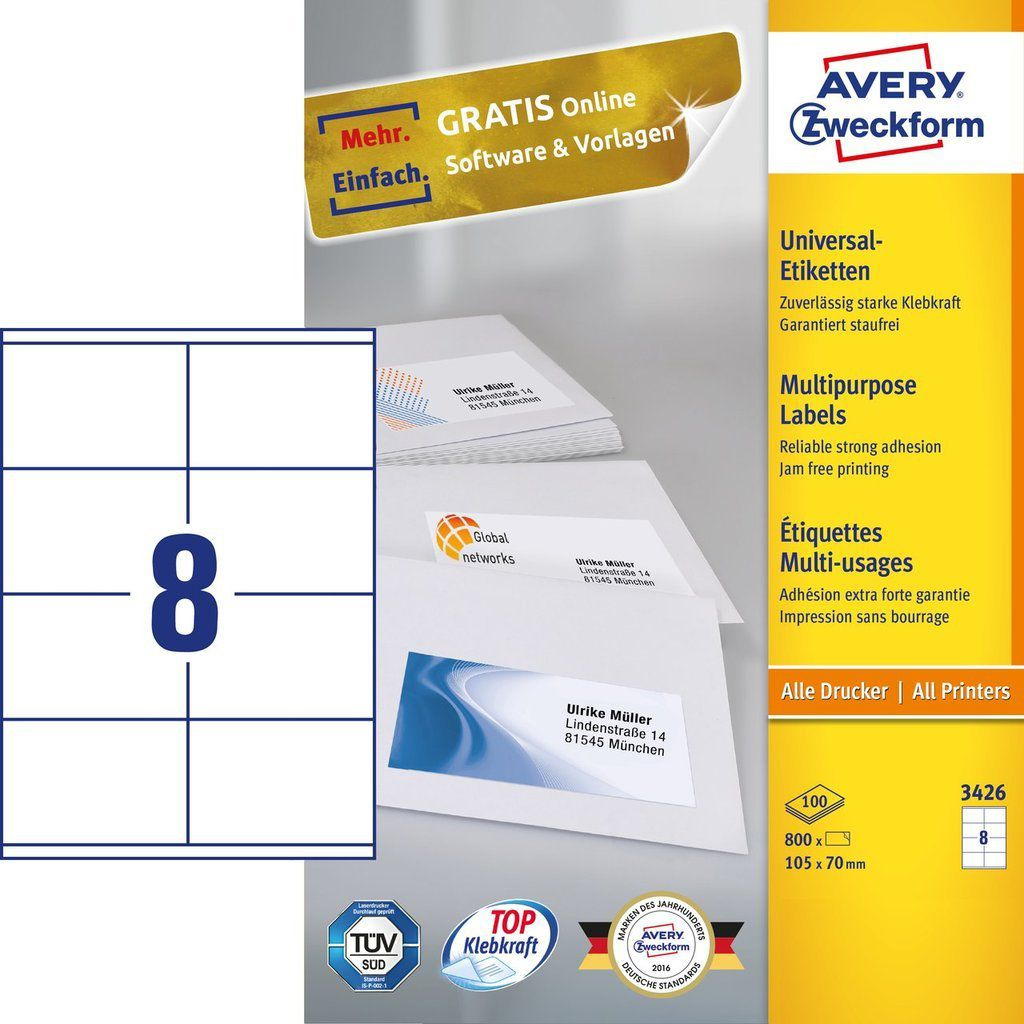 Avery-Zweckform 3426 105 x 70 mm Papír Fehér 800 db Véglegesen tapadó Univerzális etikett Tinta, Lézer, Másolat 100 lap DIN A4 (3426 N)