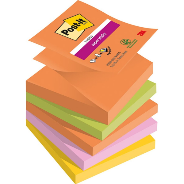 Öntapadó jegyzettömb, "Z", 76x76 mm, 5x90 lap, 3M POSTIT "Super Sticky Boots", vegyes színek