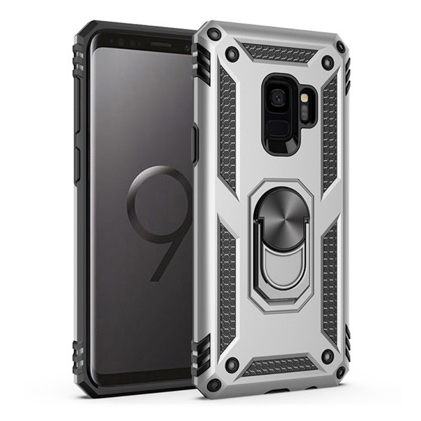 Samsung Galaxy S9 SM-G960, Műanyag hátlap védőtok, közepesen ütésálló, szilikon belső, telefontartó gyűrű, Defender, ezüst