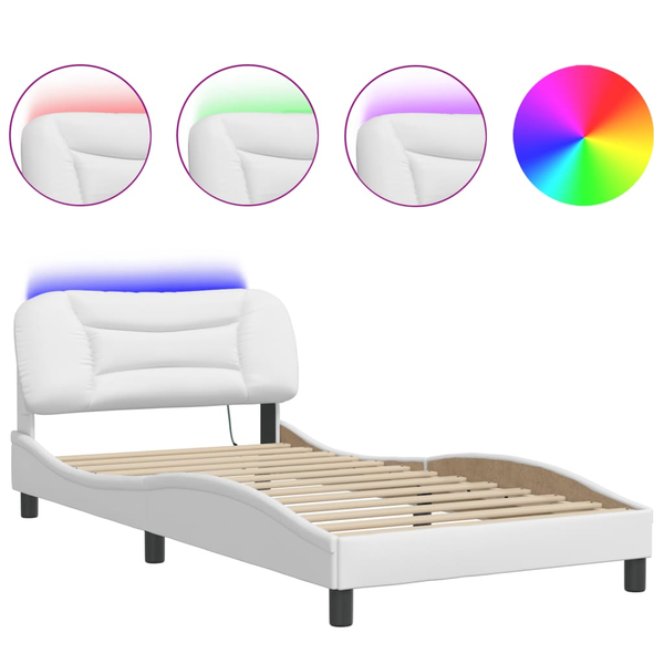 Cadru de pat cu lumini LED, alb, 100x200 cm, piele ecologică