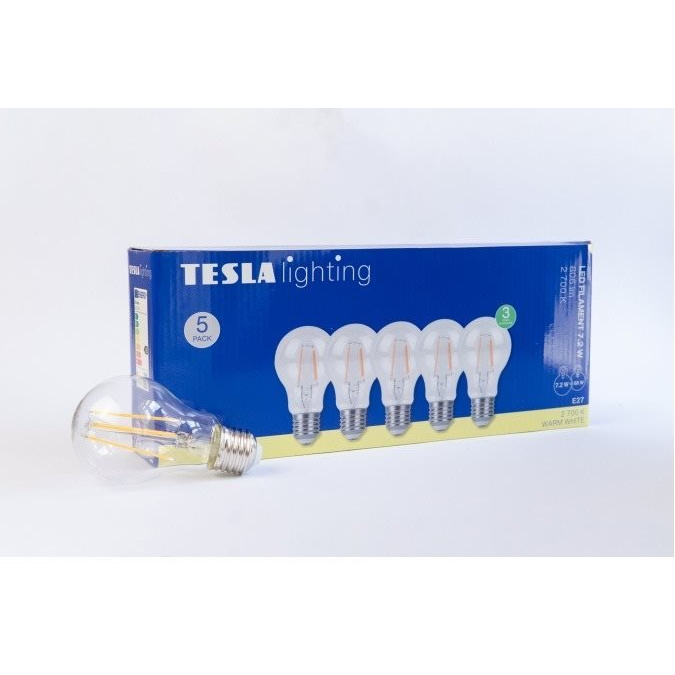 Tesla FILAMENT RETRO BULB E27, 7,2 W, 230 V, 806 lm, 25000 h, 2700K meleg fehér, 360°, víztiszta (BL277227-5PACK)