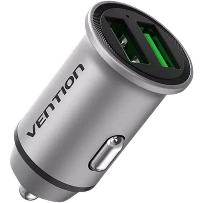 Vention Two-Port USB A+A(18/18) Car Charger Gray Mini Style Aluminium Alloy Type (FFAH0)