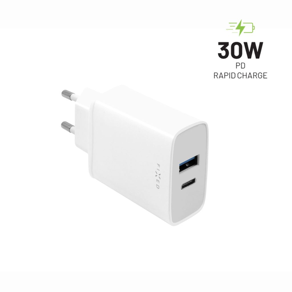 FIXED Nabíjačka s USB-C a USB výstupom, podpora PD, 30W FIXC30-CU-WH, biela