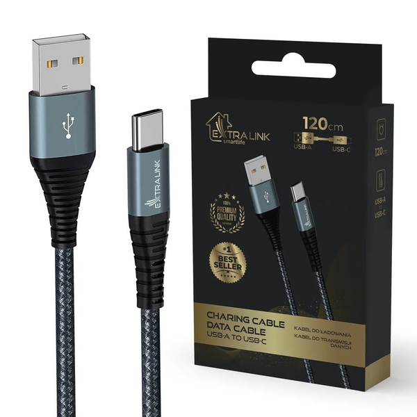 Extralink USB-A apa - USB-C apa Adat- és töltőkábel 1.2m - Fekete