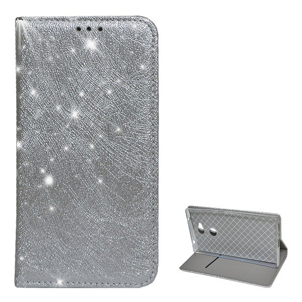 Tok álló, bőr hatású (FLIP, szilikon belső, oldalra nyíló, asztali tartó funkció, csillogó, fémes minta) EZÜST [Sony Xperia L2 (H4311)] (5996457751563)