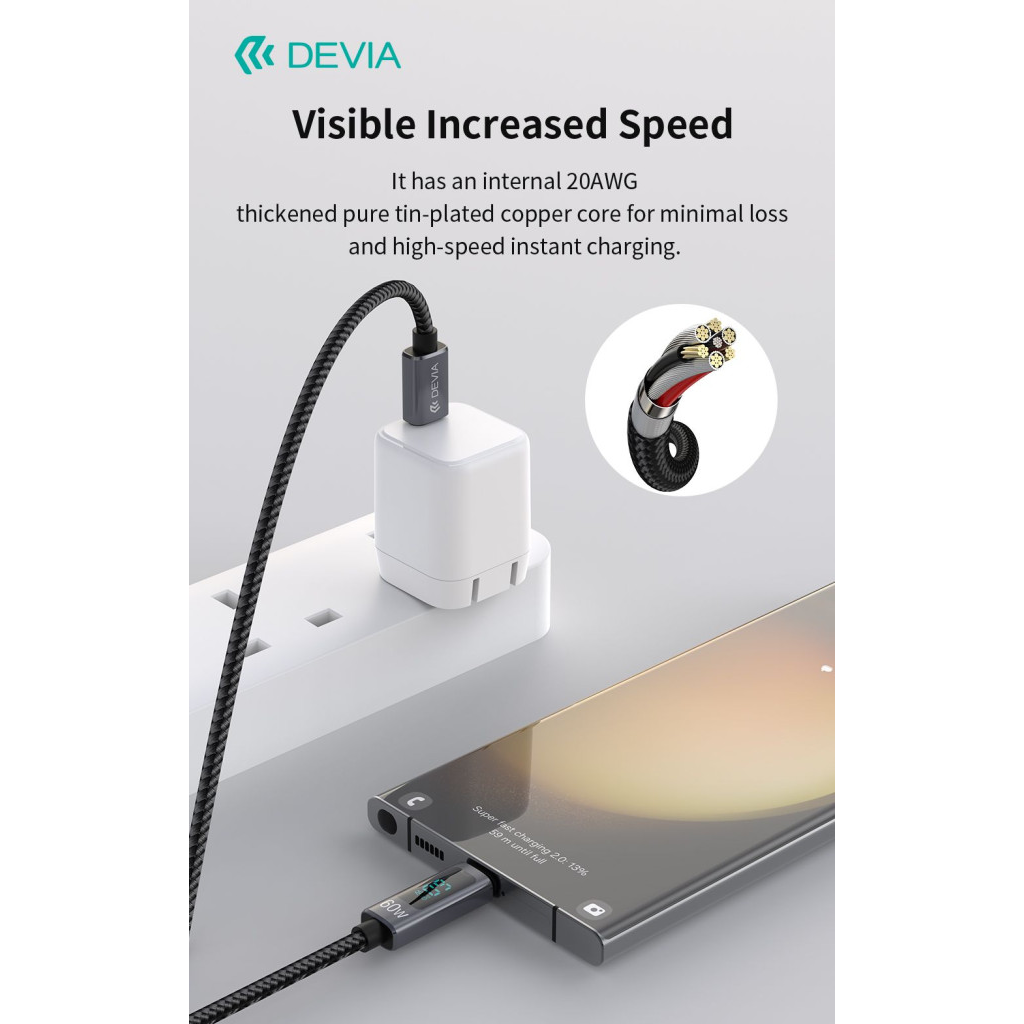 Devia Extreme Speed Series 60W PD Type-C/Type-C kijelzős adat- és töltőkábel 1.2m - fekete (ST120747)