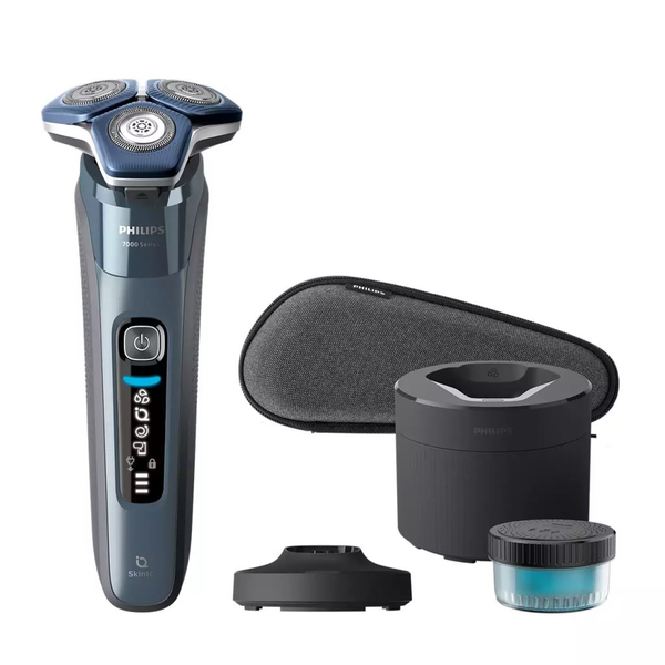 Aparat de barbierit Philips Shaver Seria 7000 S7882/55, barbierit umed/uscat, tehnologie SkinIQ, capete flexibile 360°, display LED, senzor Motion Control, senzor Power Adapt, lame auto-ascutire, 60 min, suport de incarcare, toc de transport, Ice Blue