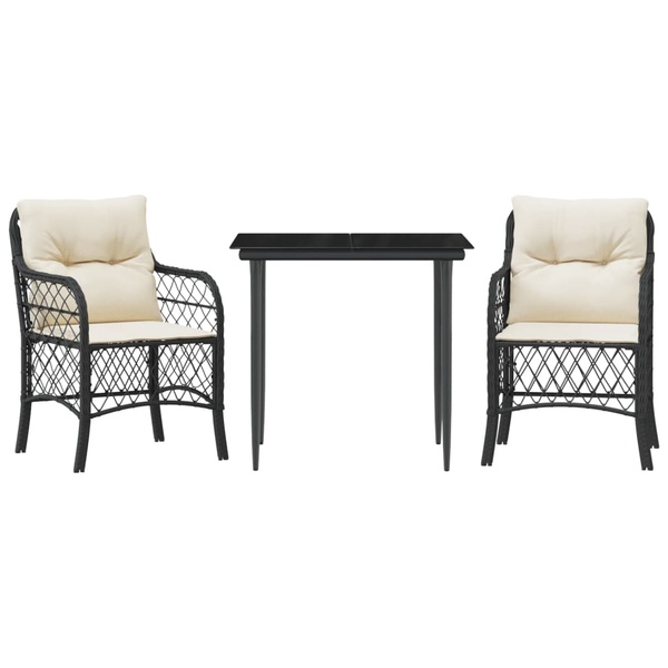 Set bistro cu perne, 3 piese, negru, poliratan