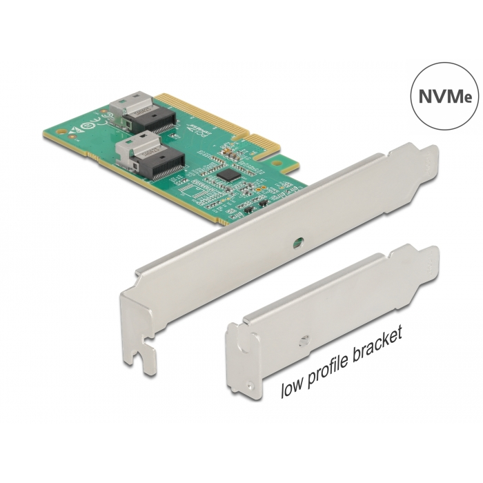 Delock PCI Express 4.0 x8 kártya - 2 x belső SFF-8654 4i NVMe - elágazás - alacsony profilú formatényező (90076) (90076)