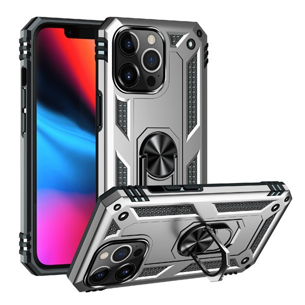 Defender műanyag telefonvédő (közepesen ütésálló, szilikon belső, telefontartó gyűrű, beépített fémlemez) EZÜST [Apple iPhone 13 Pro] (5996591097497)