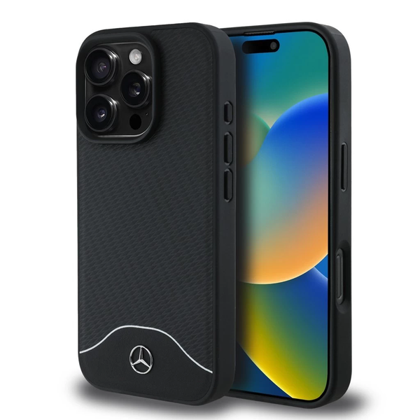 Mercedes Wood Imitation and Smooth Leather MagSafe tok iPhone 16 Pro készülékhez fekete