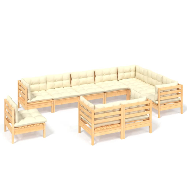 Set mobilier grădină cu perne crem, 10 piese, lemn masiv de pin