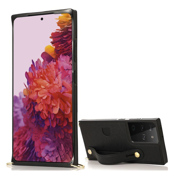 Szilikon telefonvédő (közepesen ütésálló, asztali tartó funkció, bőrhatású hátlap + kézpánt + vállpánt) FEKETE [Samsung Galaxy S21 Ultra (SM-G998) 5G] (5996591069272)