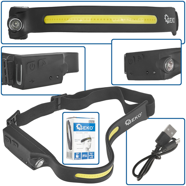LATARKA CZOŁOWA Z CZUJNIKIEM RUCHU LED COB 3W+1W 1200mAh 350lm GEKO