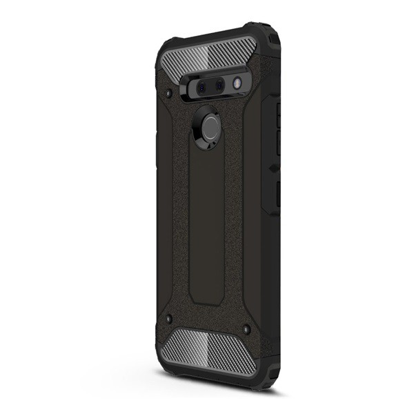 Defender műanyag telefonvédő (közepesen ütésálló, légpárnás sarok, szilikon belső, fémhatás) FEKETE [LG G8 ThinQ (G820Q)] (5996457870653)