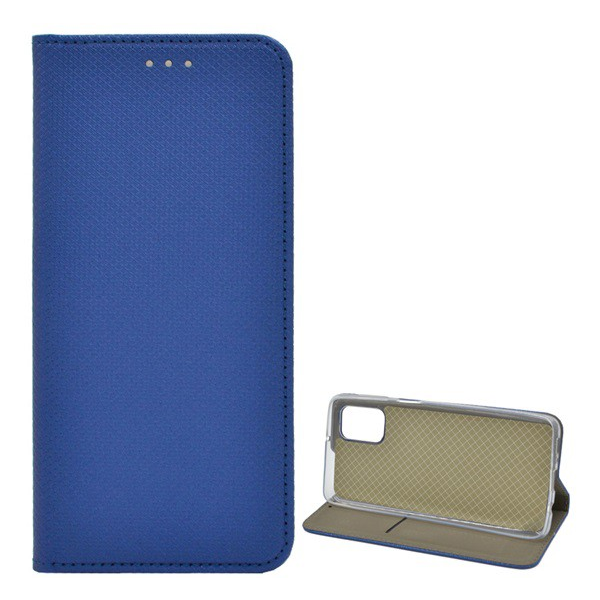 Стоящ калъф за телефон, кожен ефект (обръщане, странично отваряне, функция за държач за маса, ромб), тъмно син [Samsung Galaxy M31s (SM-M317F)]