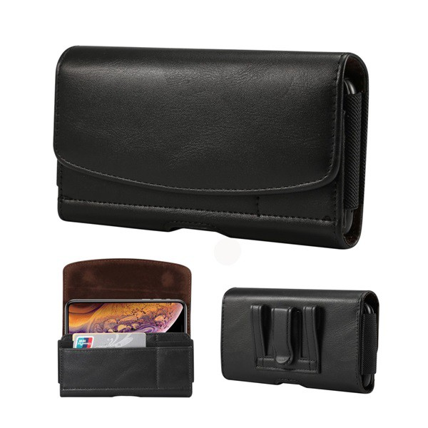 Калъф за телефон хоризонтален, кожен ефект (може да се закачи за колан, щипка, поставка за банкова карта, размер 6.5"), черен