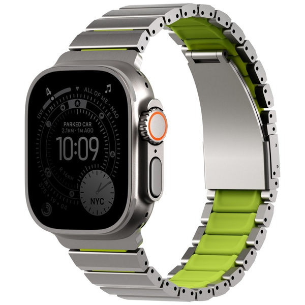 UNIQ Strova Flex Apple Watch szíj 44/45/46/49mm, Titanium ezüst/Lime zöld
