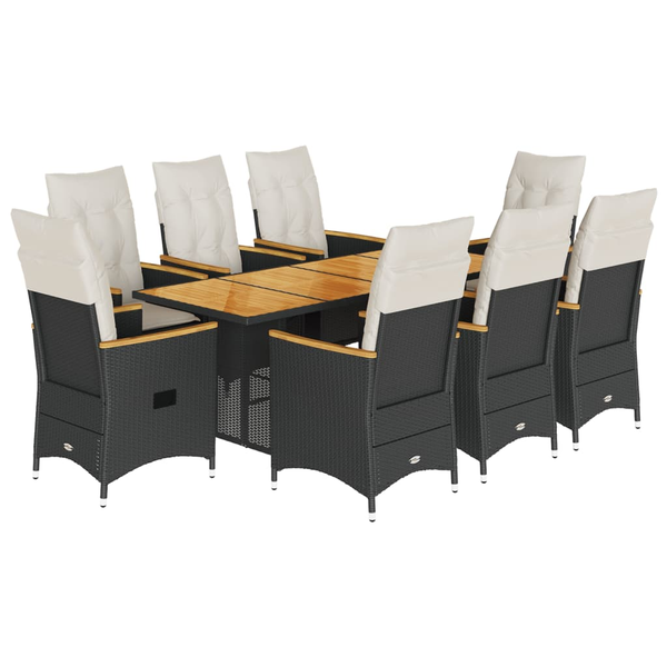 Set mobilier de grădină cu perne, 9 piese, negru, poliratan