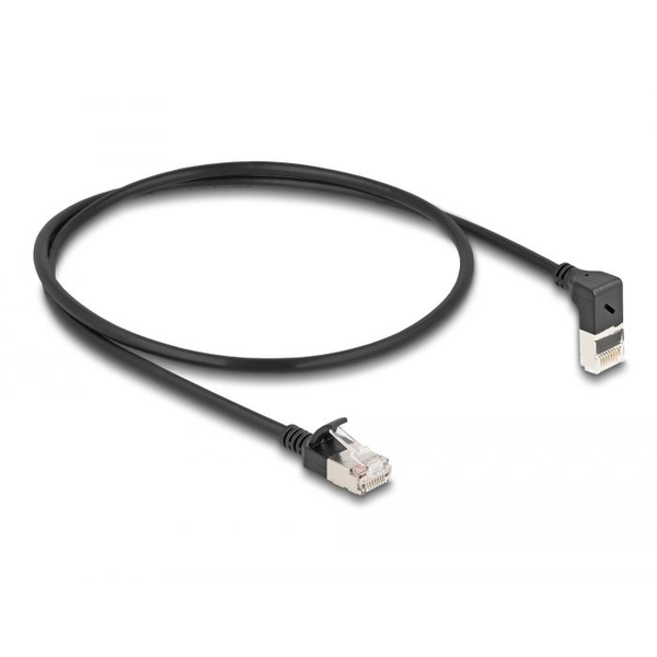 Delock RJ45 Netzwerkkabel Cat.6A S/FTP Slim 90° oben gewinkelt / gerade 0,5 m schwarz
