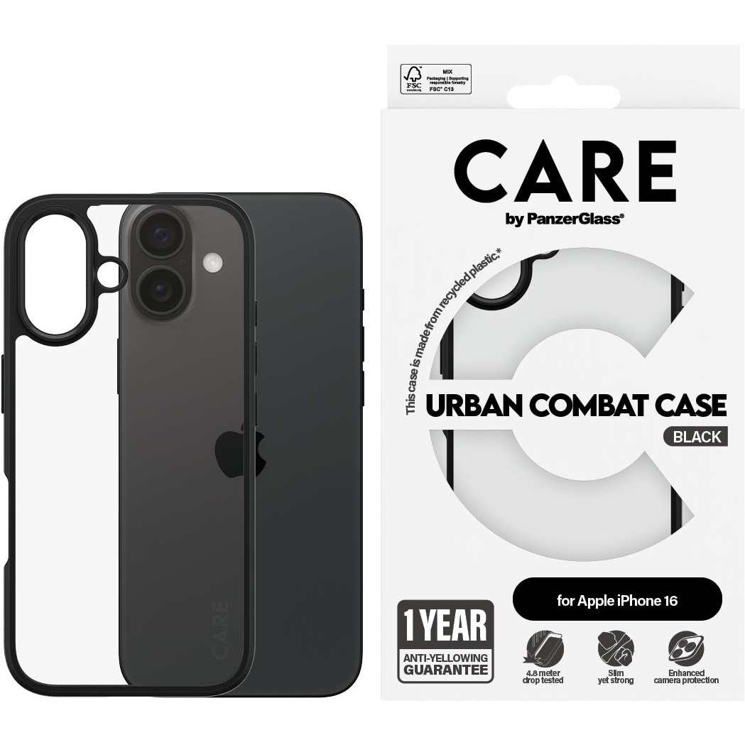PanzerGlass CARE Apple iPhone 16 Urban Combat fekete nem sárguló tok (1361)