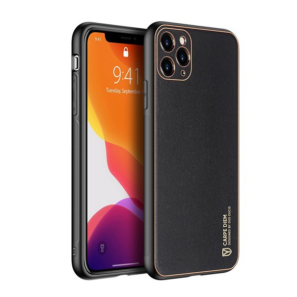 DUX DUCIS YOLO műanyag telefonvédő (szilikon keret, közepesen ütésálló, fémhatású keret, bőr hatású hátlap) FEKETE [Apple iPhone 12 Pro Max] (5996591068374)