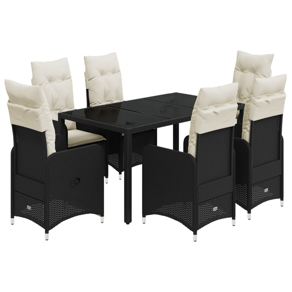 Set bistro de grădină, 7 piese, cu perne, negru, poliratan