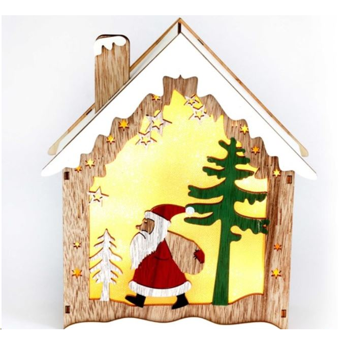 IRIS Faház alakú Télapó mintás/18,5x21cm/meleg fehér LED-es fa fénydekoráció (310-06) (310-06)