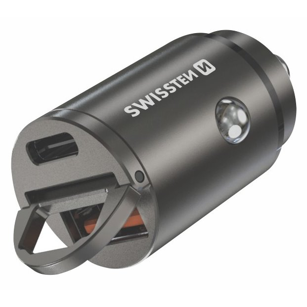 Swissten 20111780 USB-C + USB-A 3.0 Szivargyújtós Töltő Adapter 30W - Fekete (20111780)