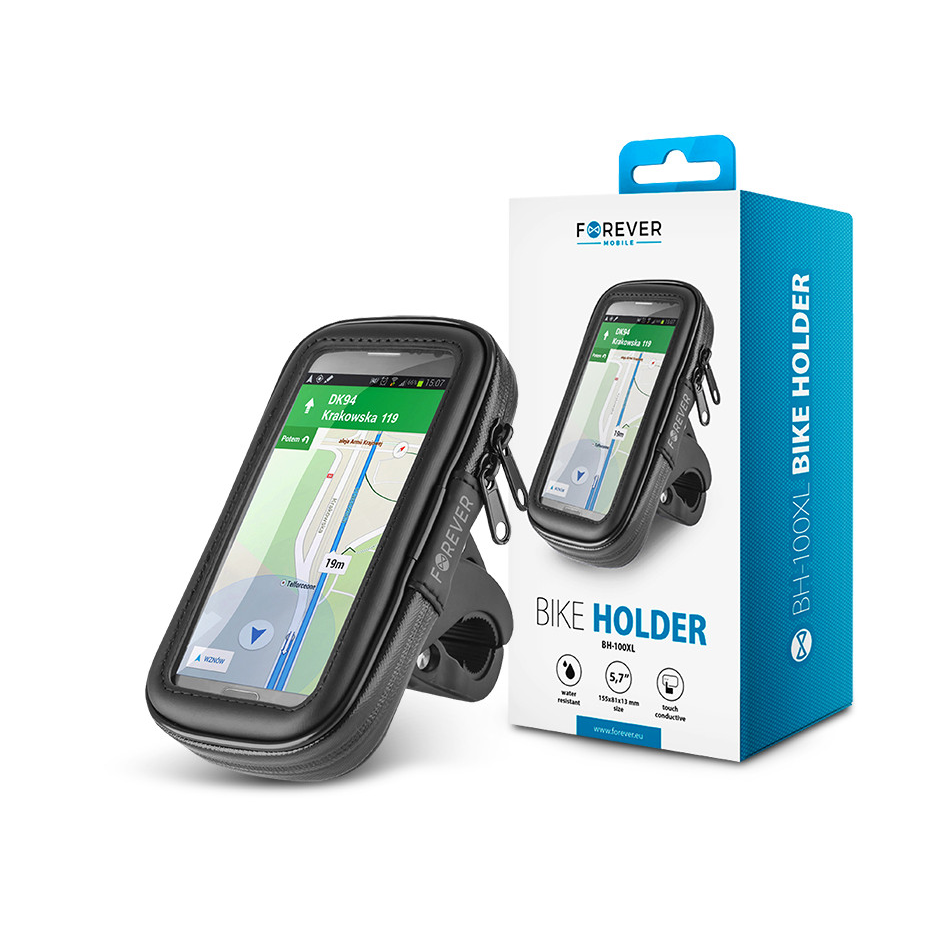 Univerzális kerékpárra szerelhető, por- és cseppálló telefontartó max. 5,7", méretű készülékekhez - Forever BH-100XL Bike Holder - fekete (TF-0187)