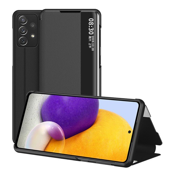 Tok álló, bőr hatású (FLIP, oldalra nyíló, asztali tartó funkció, hívószámkijelzés, View Window) FEKETE [Samsung Galaxy A72 5G (SM-A726F)] (5996591069845)