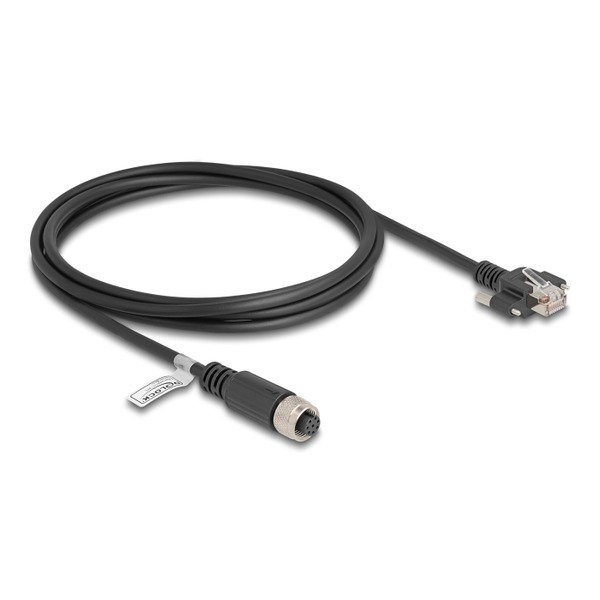 Delock M12 kábel A-kódú 8 tűs anya - RJ45 apa csavarokkal Cat.5e FTP 2 m hosszú fekete (80425)