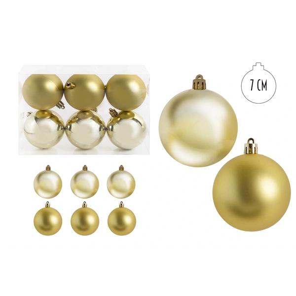 IRIS karácsonyi dísz gömb, szettben, pvc dobozban, 6dbos, aranysárga 7 cm (050408)