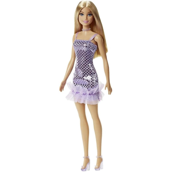 PAPUSA BARBIE TINUTE STRALUCITOARE BLONDA CU ROCHITA MOV