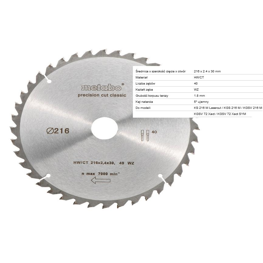 Vágótárcsa Metabo HW/CT 216x30, 40 WZ 5 (628060000)