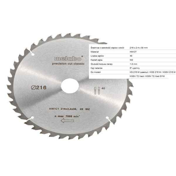 Vágótárcsa Metabo HW/CT 216x30, 40 WZ 5
