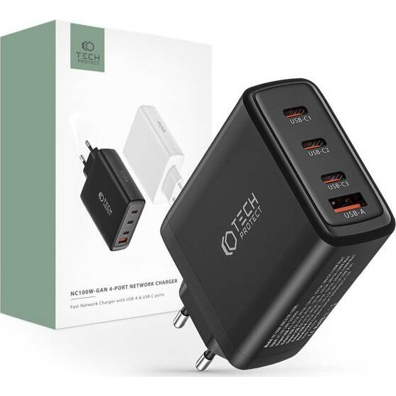 TECH-PROTECT NC100W-GAN 4-PORTNI MREŽNI POLNILEC PD100W/QC3.0 ČRN