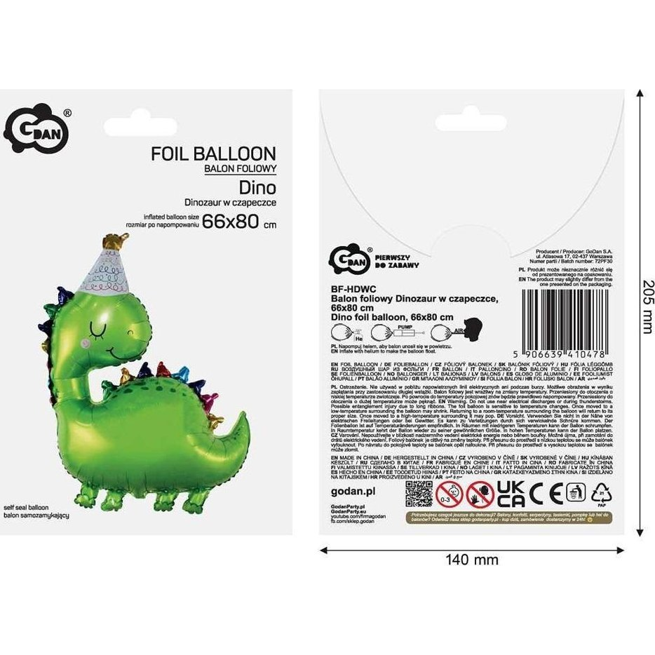 Héliummal tölthető szülinapos dinó alakú fólia lufi - 66 x 80 cm (5906639410478)