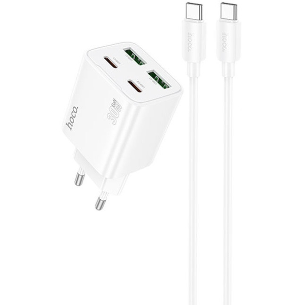 Hálózati töltő adapter, 30W, 2 x USB aljzat, 2 x USB Type-C aljzat, USB Type-C - USB Type-C kábellel, gyorstöltés, PD, GaN, QC 3.0, Hoco N56 Fundador, fehér