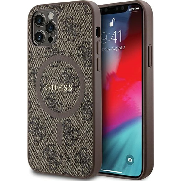 Guess GUHMP12MG4GFRW iPhone 12/12 Pro 6.1" Barna Keménytok 4G Collection Bőr Fém Logó Magsafe
