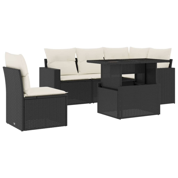 Set mobilier de grădină cu perne, 6 piese, negru, poliratan