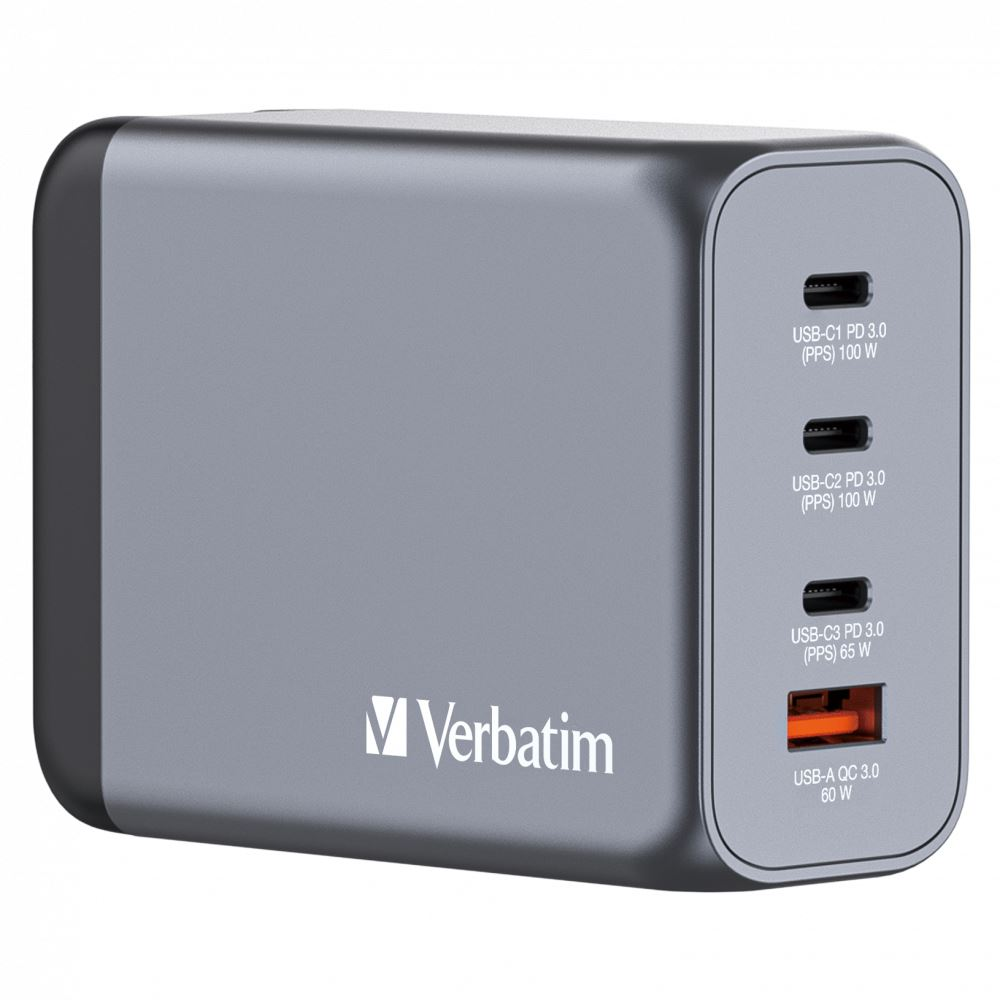 Verbatim 200W 4-Port (2xUSB-C PD 100W/1xUSB-C PD 65W/1xUSB QC 3.0) GaN EU/UK hálózati töltő (32204) (Verbatim32204)